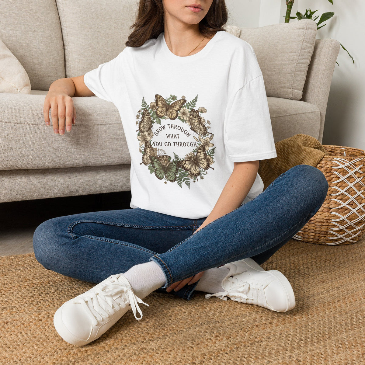 Grow Through What You Go Through Women's T-Shirt — Floral Butterfly Graphic Tee