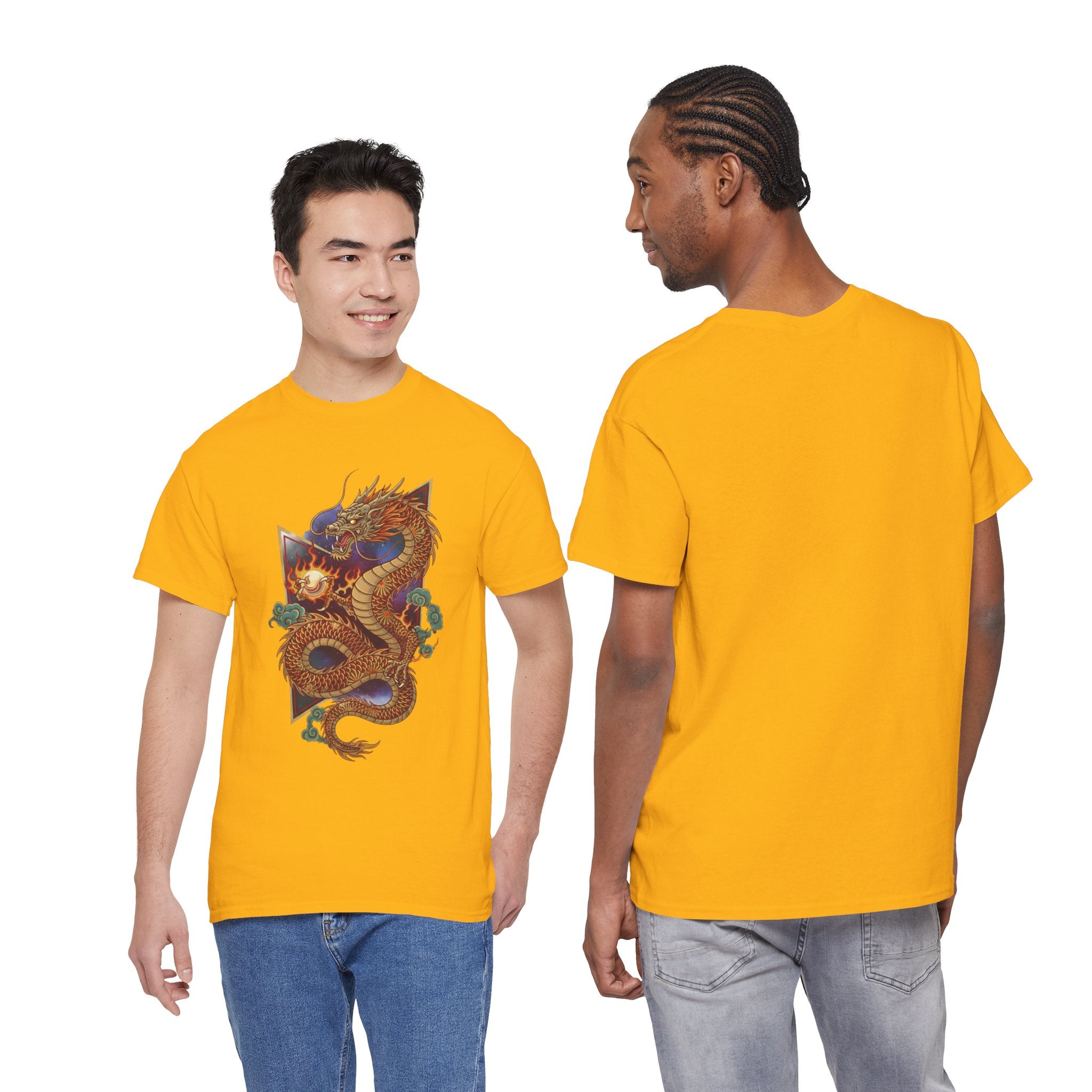 Dragon Graphic Men's T-Shirt — DTG Printed Vintage Gold Oriental Cotton Tee