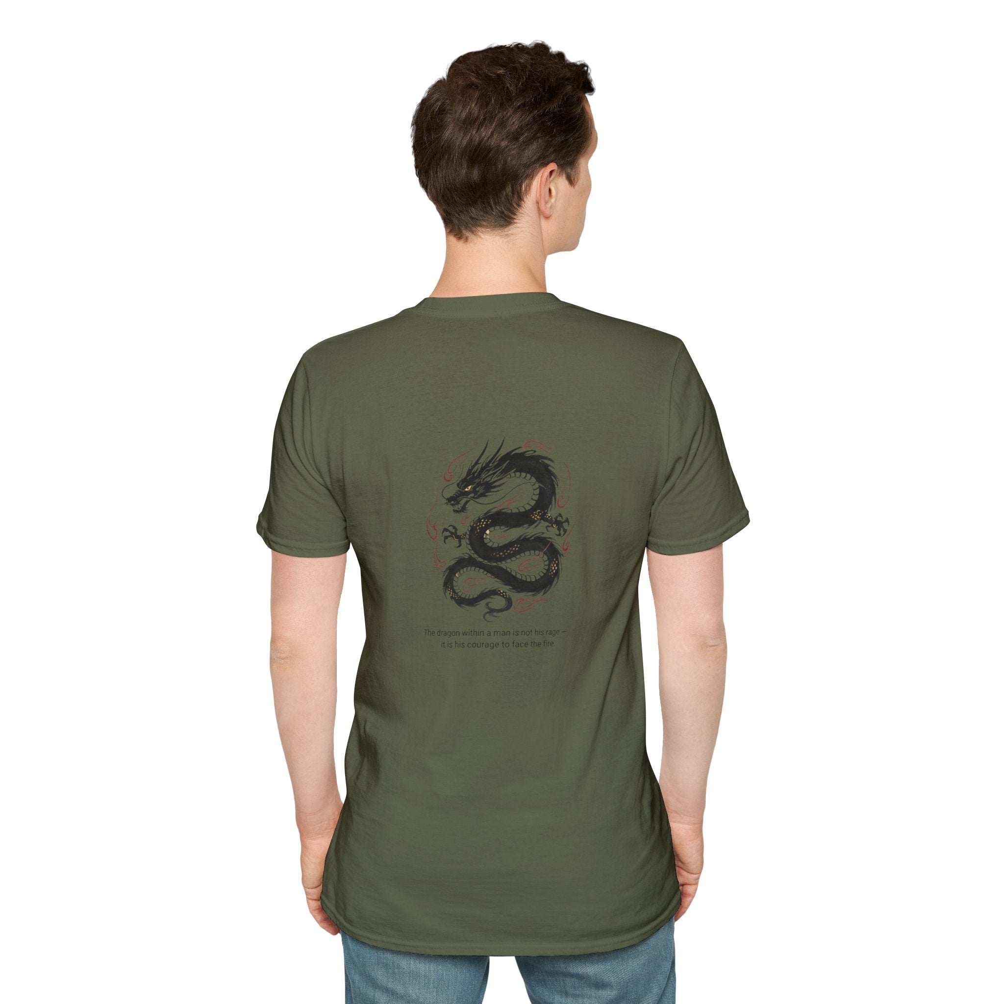 Men's Graphic Tee — Black Ink Asian Dragon Illustration with Chest Emblem