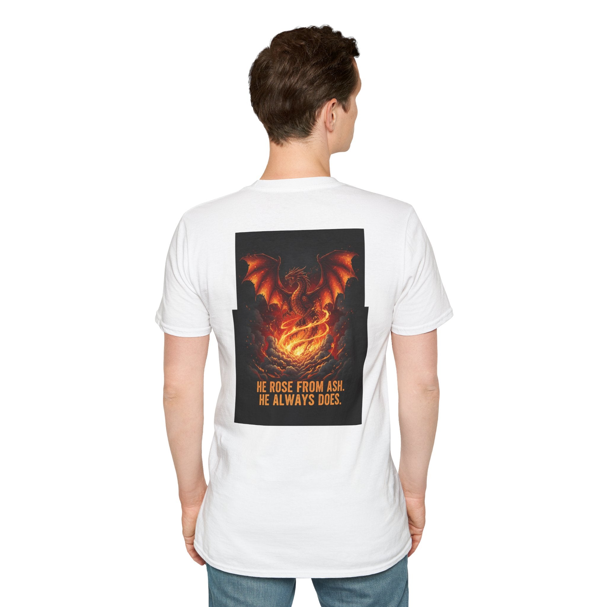 Men's Graphic Tee — Phoenix Rising "He Rose From Ash. He Always Does." Back Print
