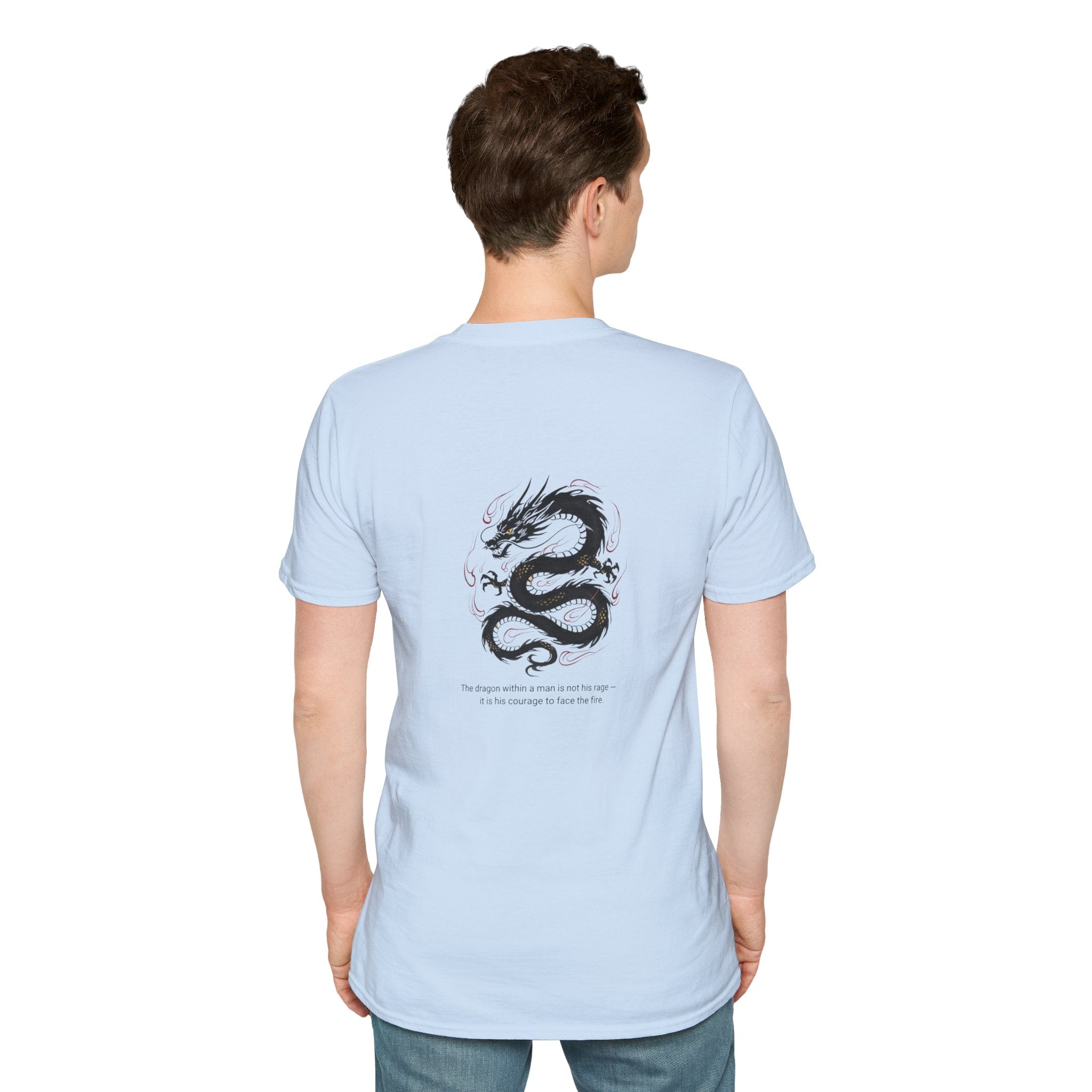 Men's Graphic Tee — Black Ink Asian Dragon Illustration with Chest Emblem