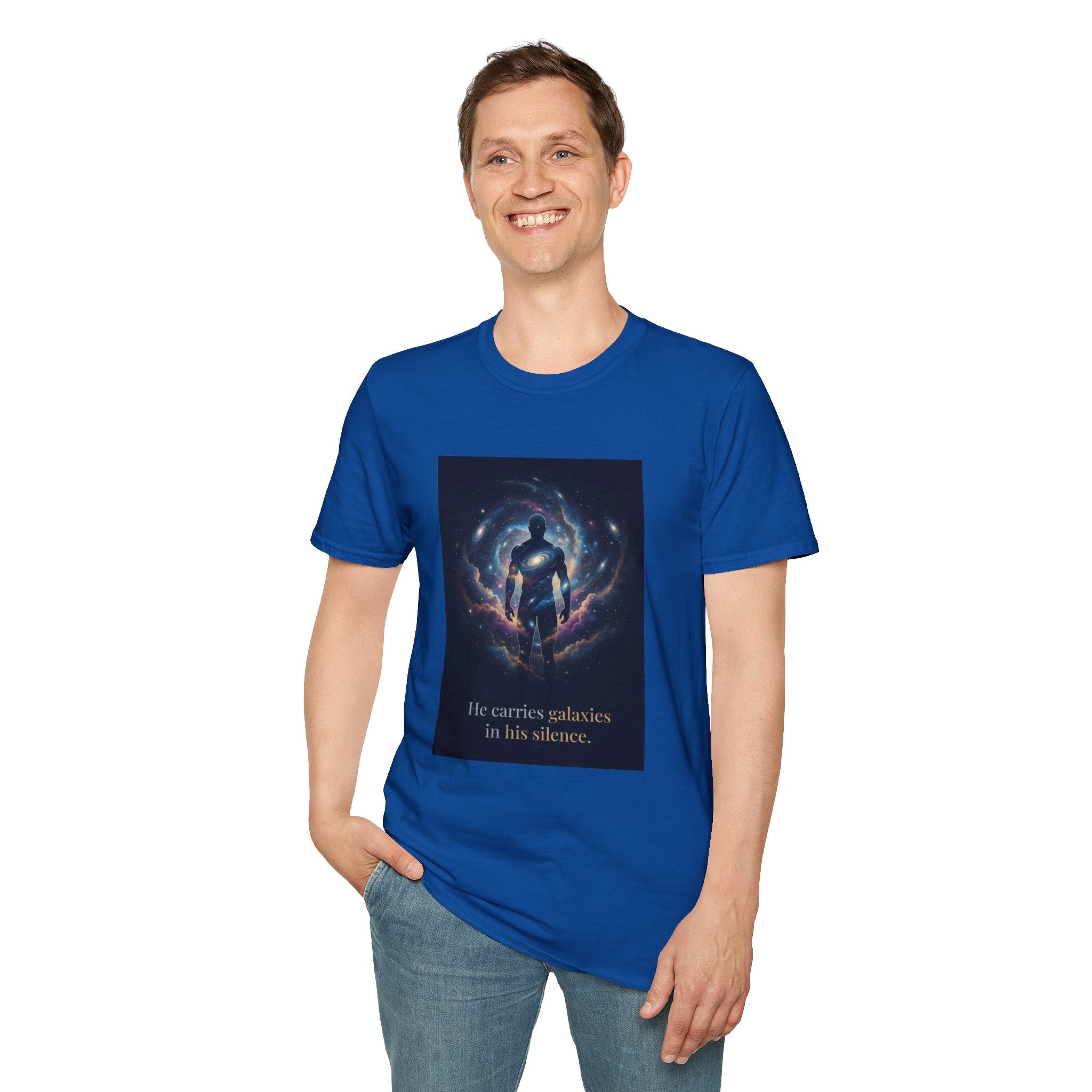 Men's Graphic Tee — Galaxy Silhouette "He Carries Galaxies in His Silence" Cosmic Space Print