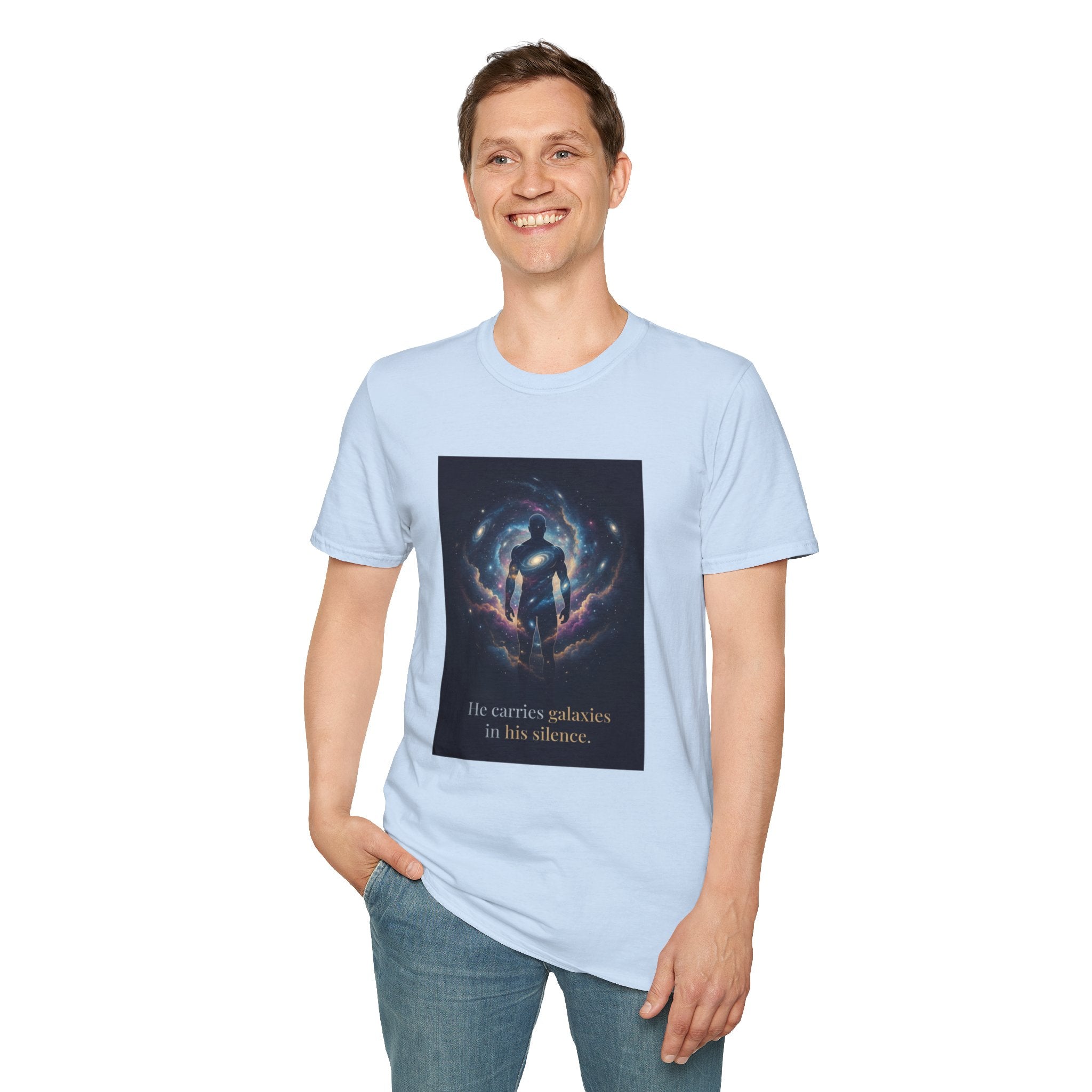 Men's Graphic Tee — Galaxy Silhouette "He Carries Galaxies in His Silence" Cosmic Space Print