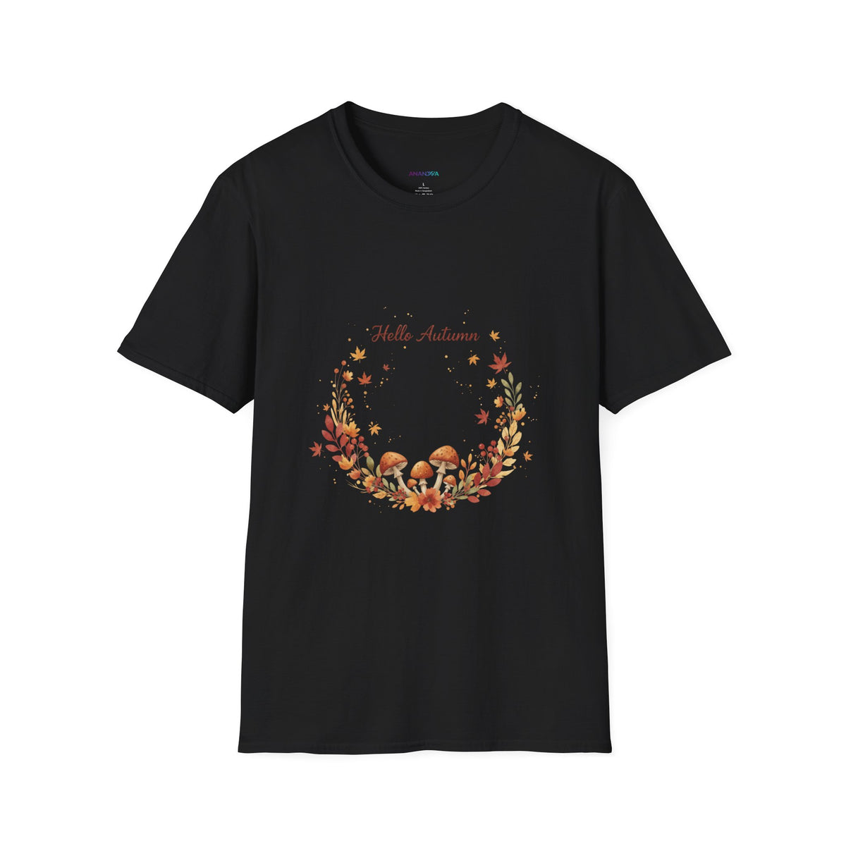 'Hello Autumn' Mushroom & Leaf Wreath T-Shirt — Cozy Fall Graphic Tee