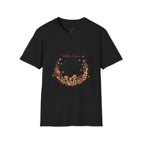 'Hello Autumn' Mushroom & Leaf Wreath T-Shirt — Cozy Fall Graphic Tee