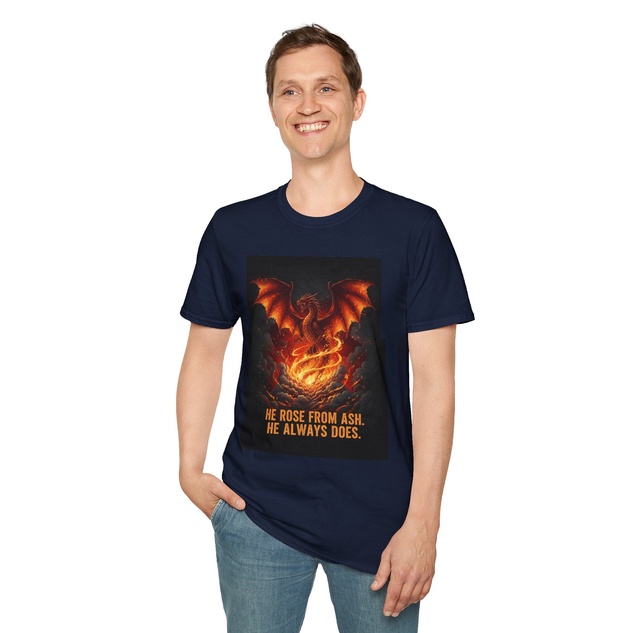 Men's Graphic Tee — Dragon Rising "He Rose From Ash. He Always Does." Fiery Fantasy Print