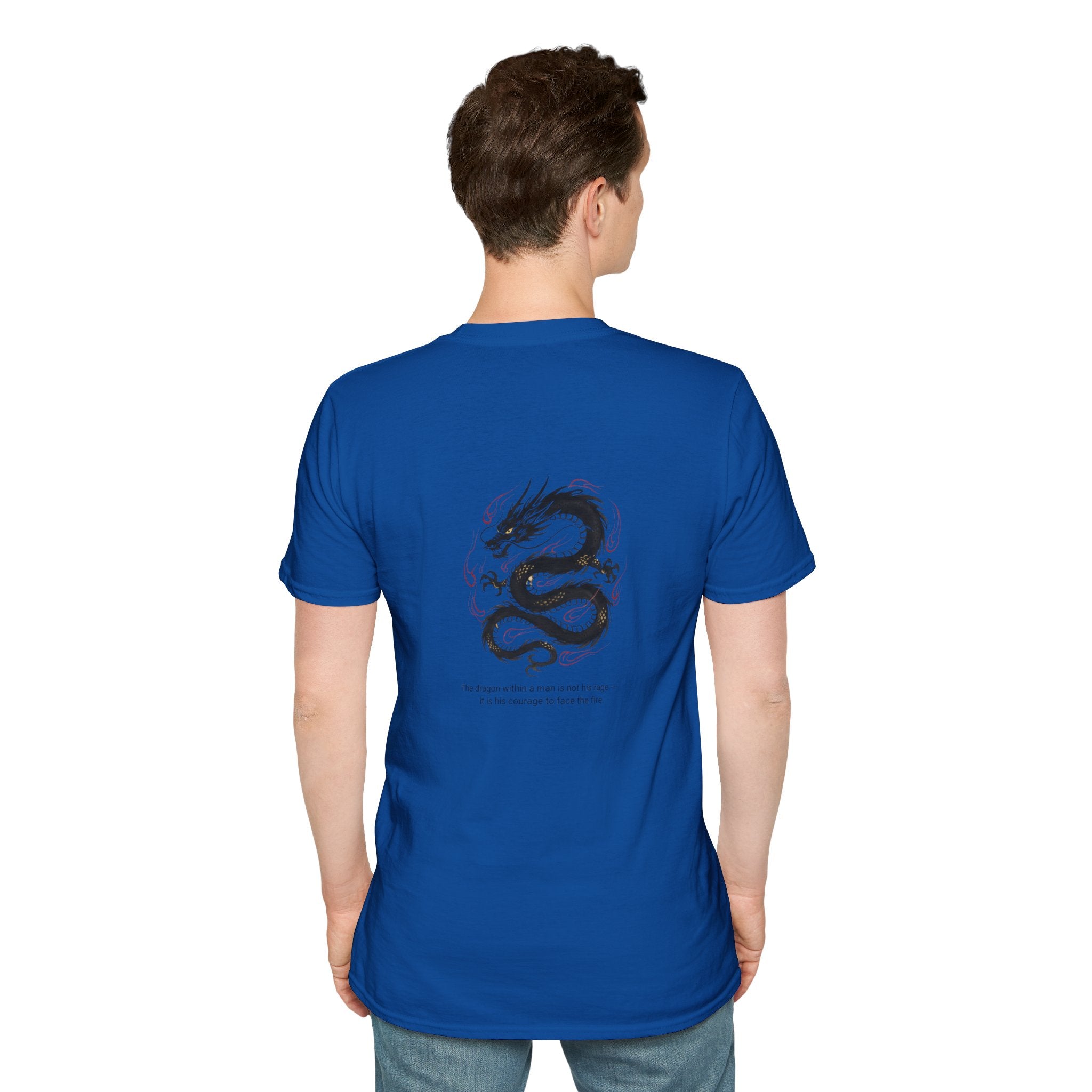 Men's Graphic Tee — Black Ink Asian Dragon Illustration with Chest Emblem