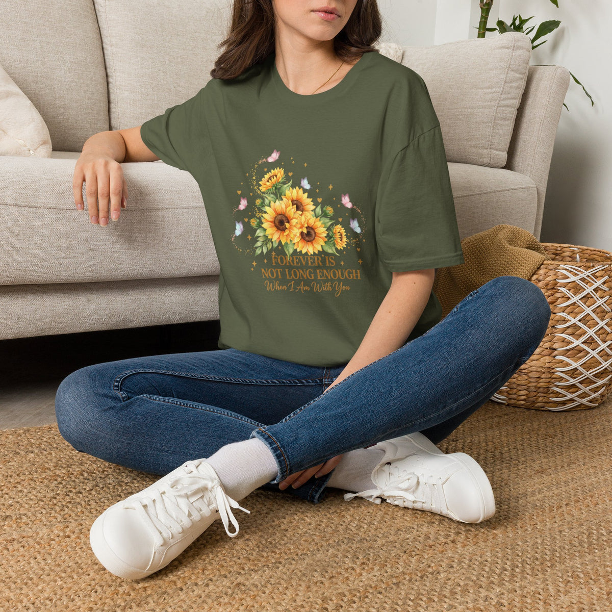 Sunflower & Butterflies T-Shirt — "Forever Is Not Long Enough" Women's Floral Tee