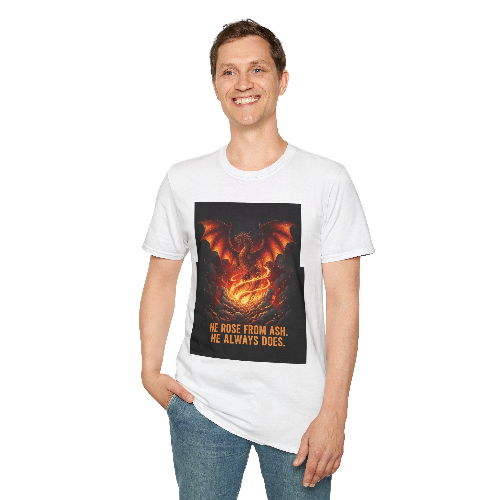 Men's Graphic Tee — Dragon Rising "He Rose From Ash. He Always Does." Fiery Fantasy Print
