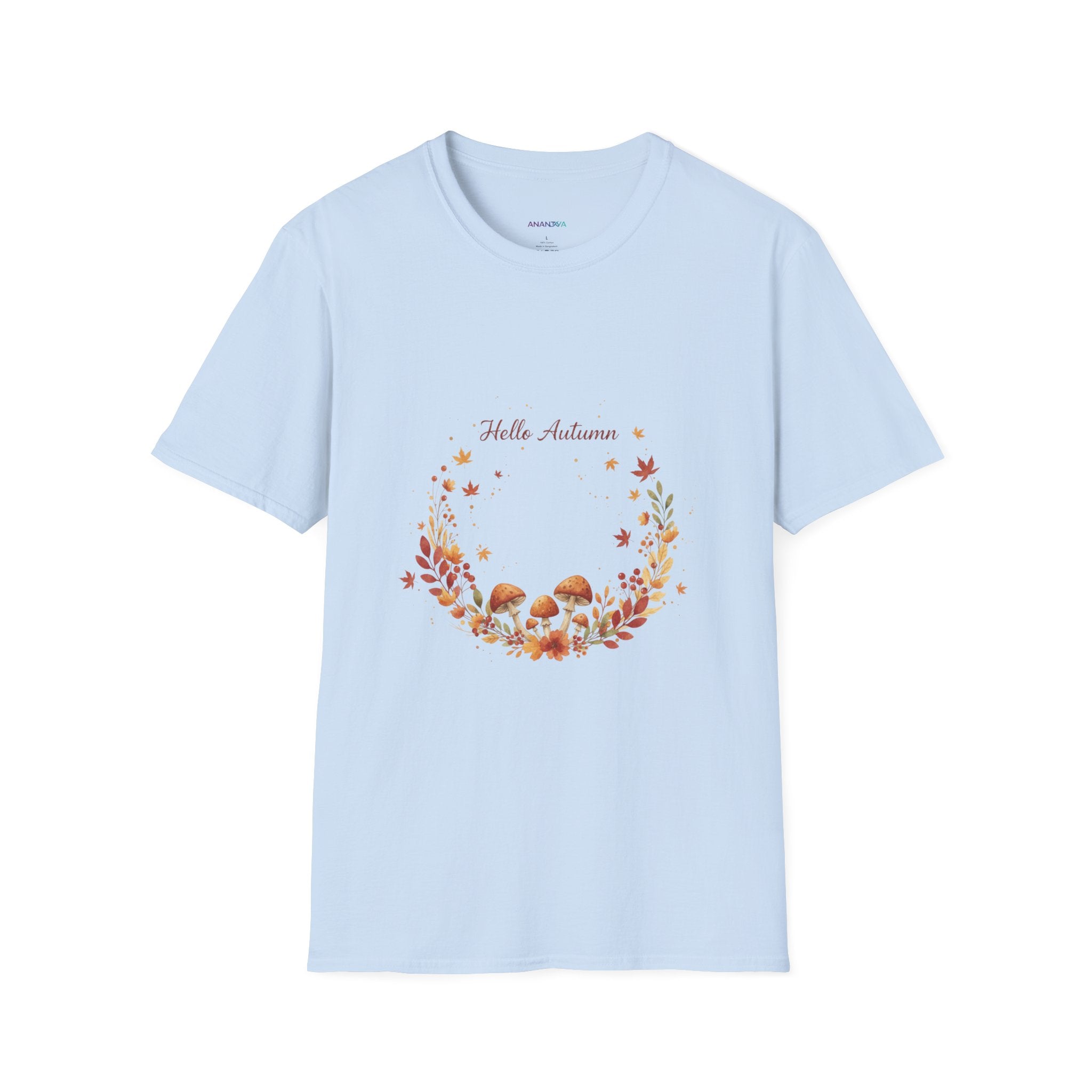 'Hello Autumn' Mushroom & Leaf Wreath T-Shirt — Cozy Fall Graphic Tee