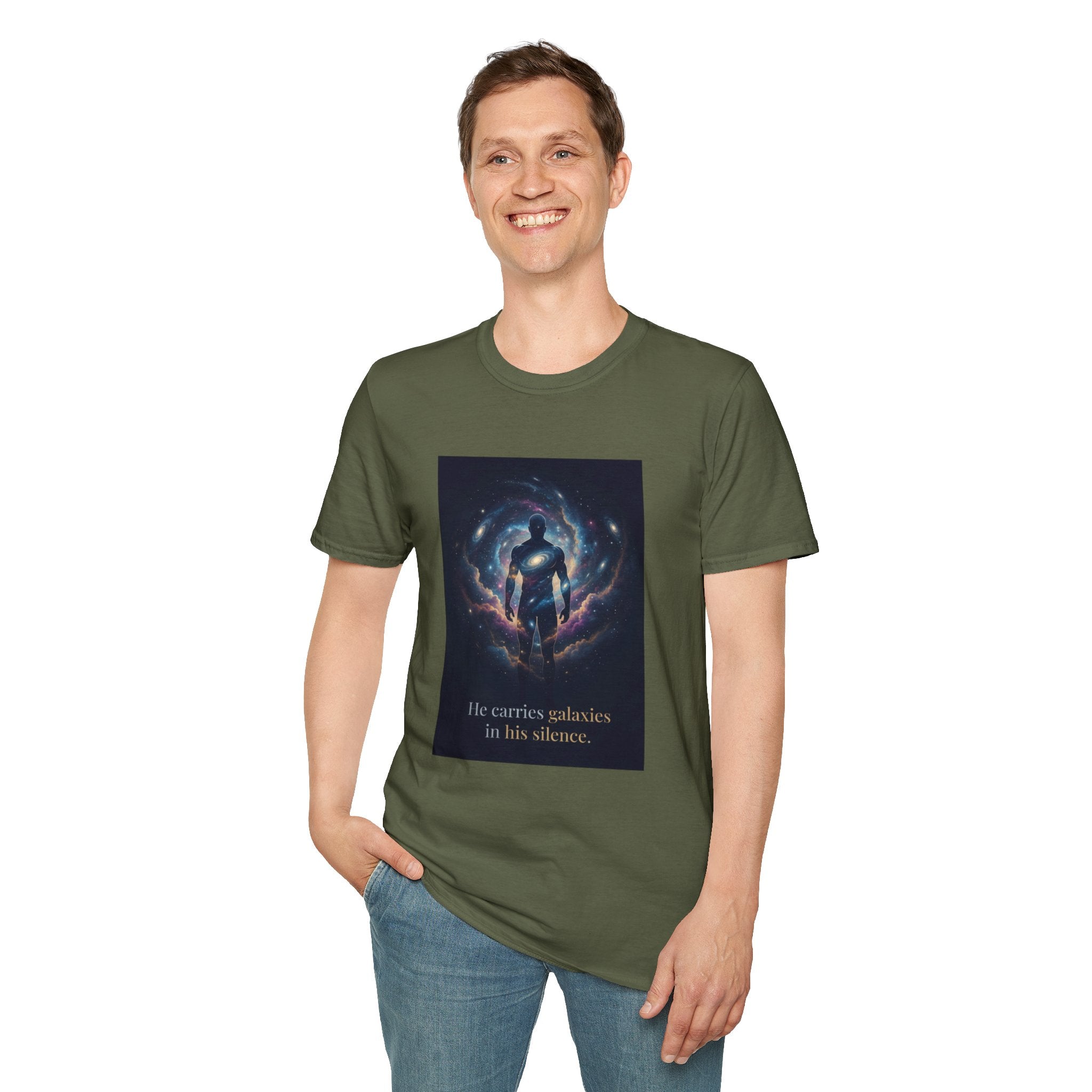 Men's Graphic Tee — Galaxy Silhouette "He Carries Galaxies in His Silence" Cosmic Space Print