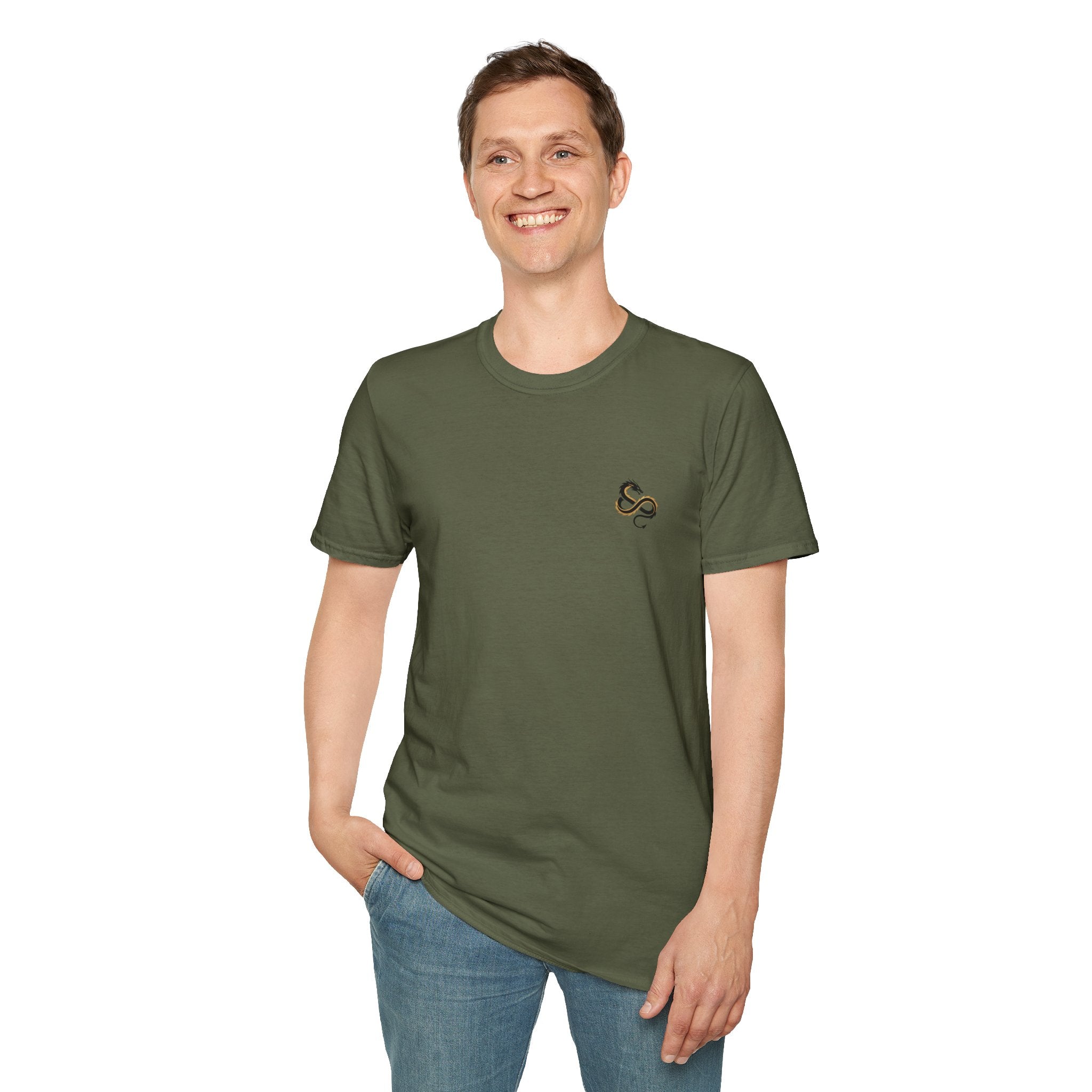 Men's Graphic Tee — Black Ink Asian Dragon Illustration with Chest Emblem