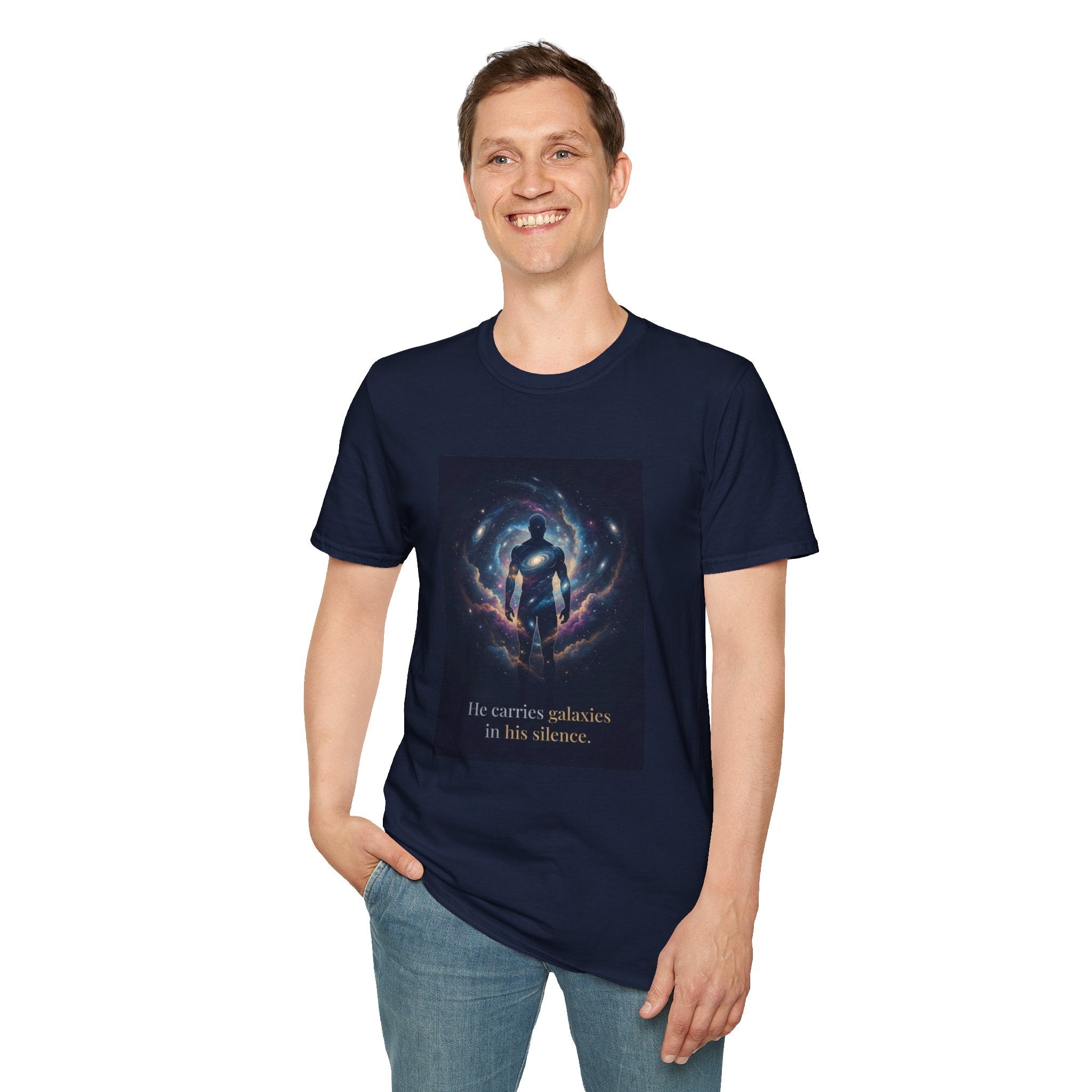 Men's Graphic Tee — Galaxy Silhouette "He Carries Galaxies in His Silence" Cosmic Space Print
