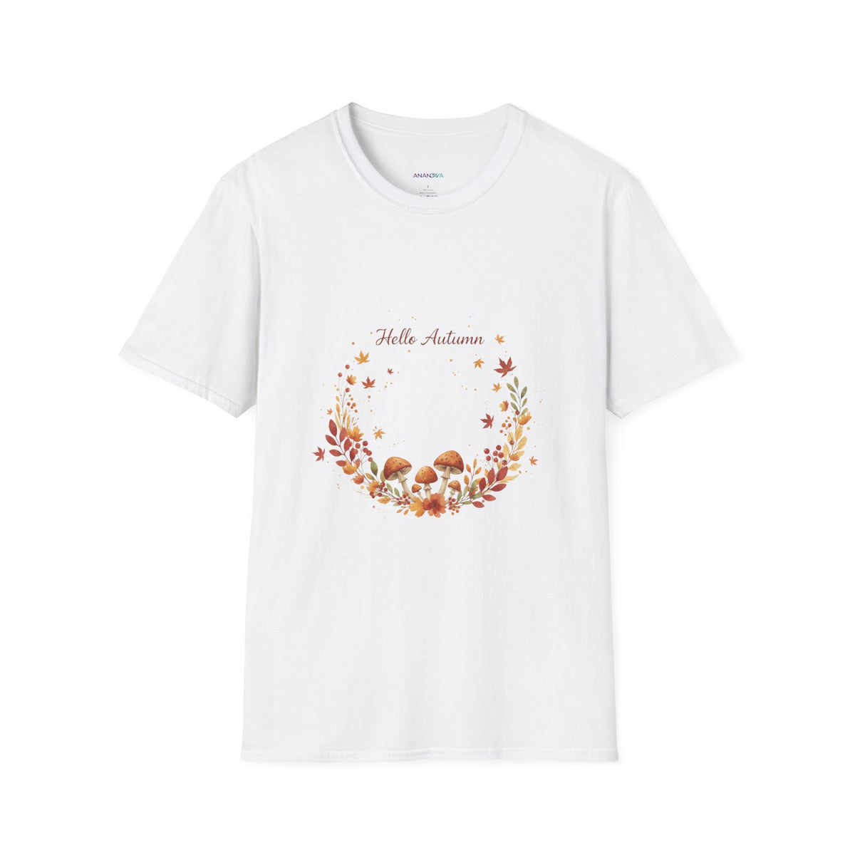 'Hello Autumn' Mushroom & Leaf Wreath T-Shirt — Cozy Fall Graphic Tee