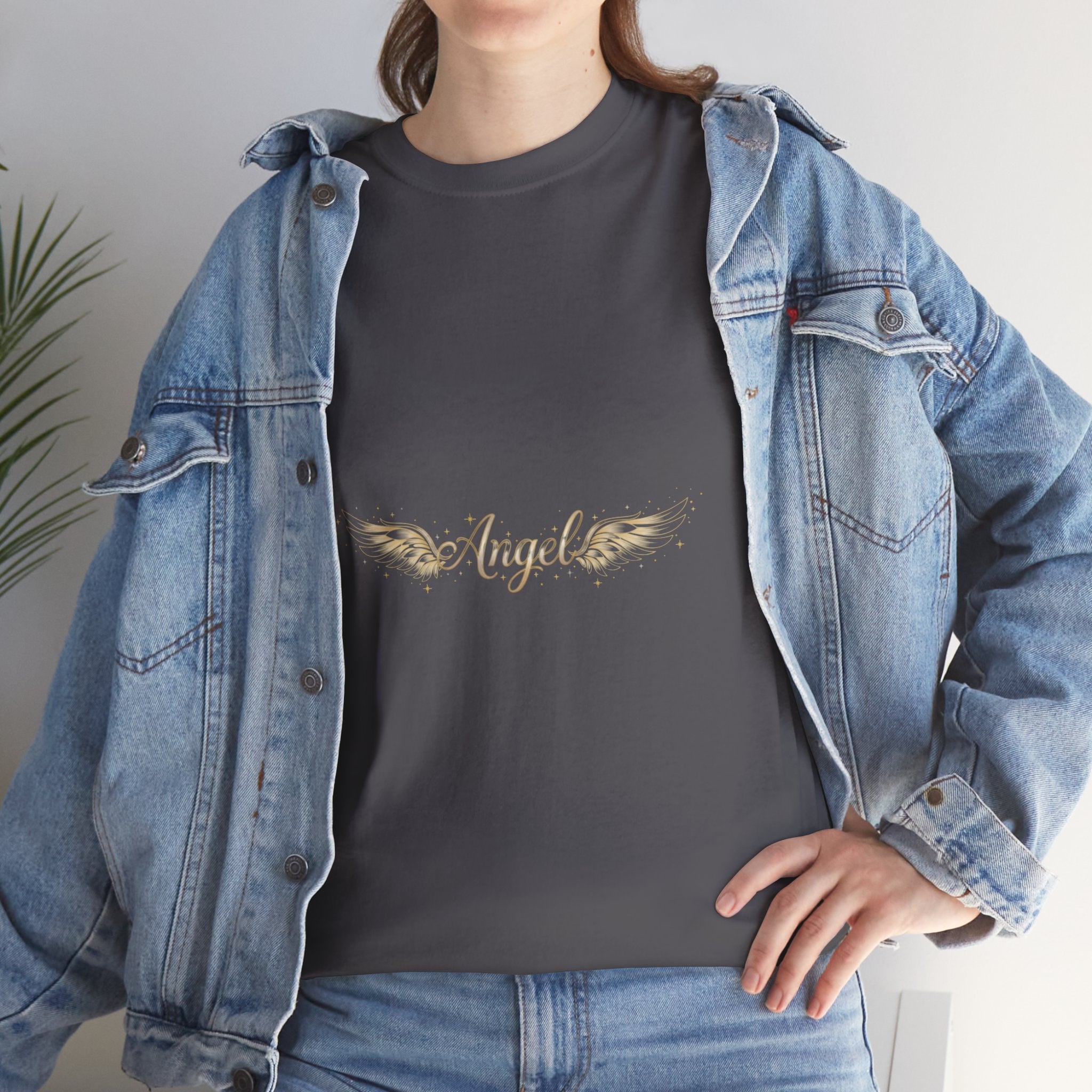 Angel Wings Graphic Tee | Distressed Gold Script "Angel" Chest Print | Women's DTG T-Shirt