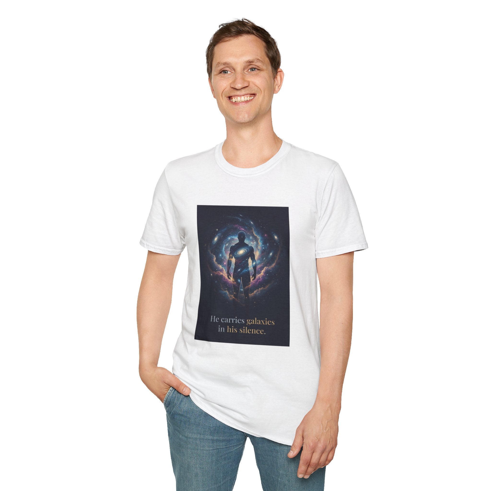 Men's Graphic Tee — Galaxy Silhouette "He Carries Galaxies in His Silence" Cosmic Space Print