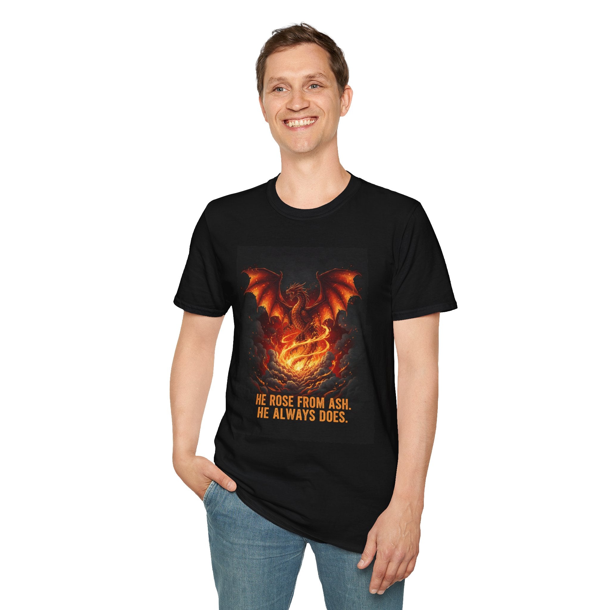 Men's Graphic Tee — Dragon Rising "He Rose From Ash. He Always Does." Fiery Fantasy Print