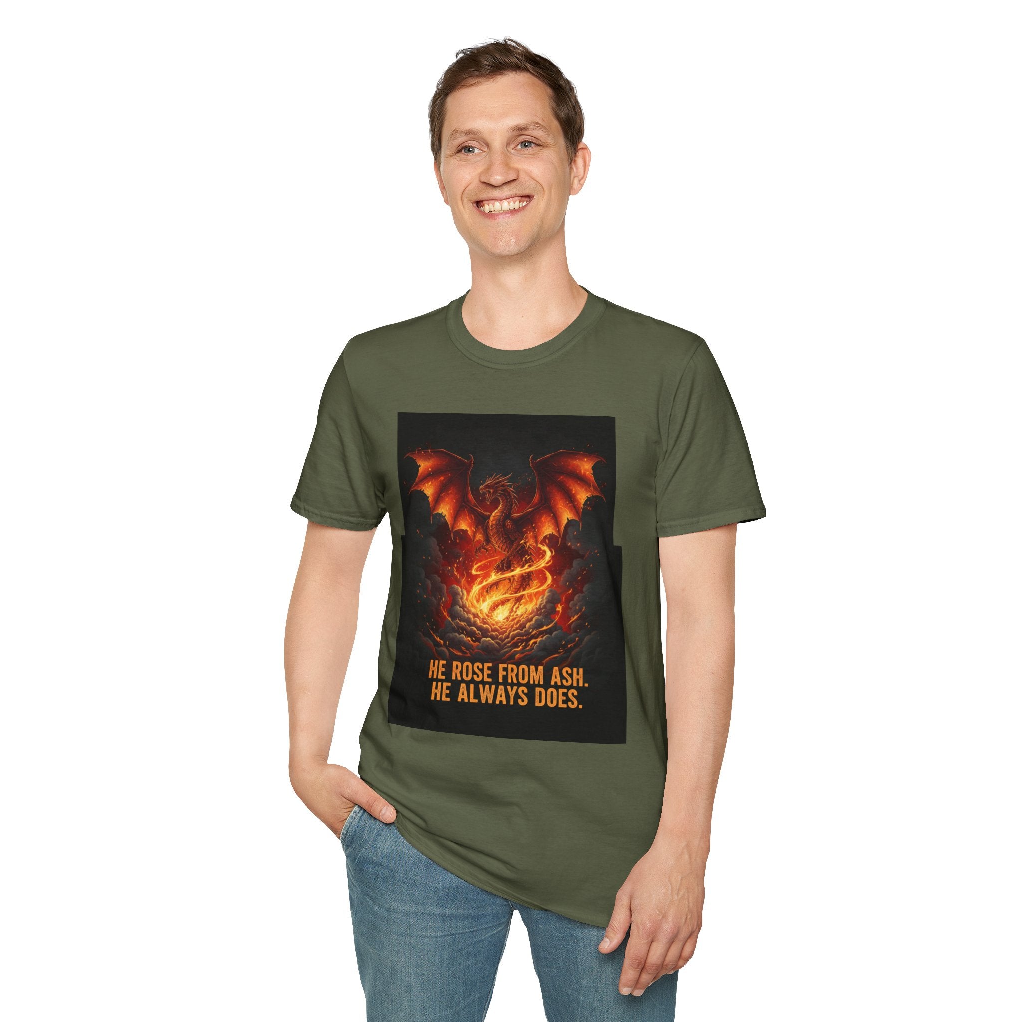 Men's Graphic Tee — Dragon Rising "He Rose From Ash. He Always Does." Fiery Fantasy Print