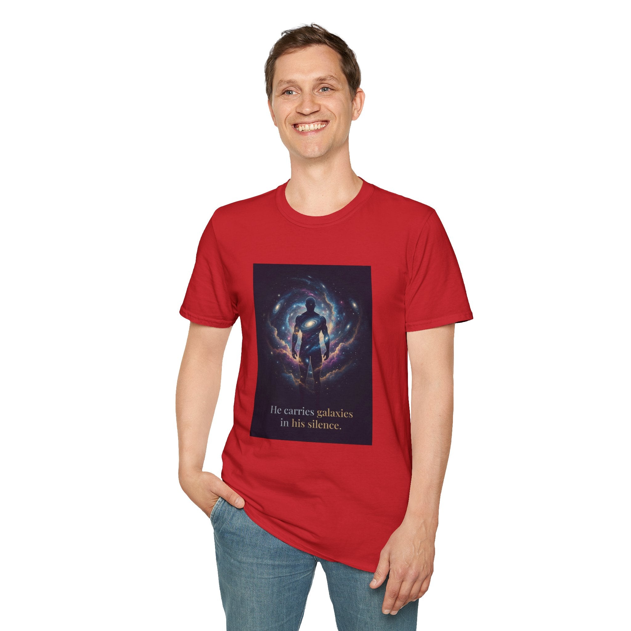 Men's Graphic Tee — Galaxy Silhouette "He Carries Galaxies in His Silence" Cosmic Space Print