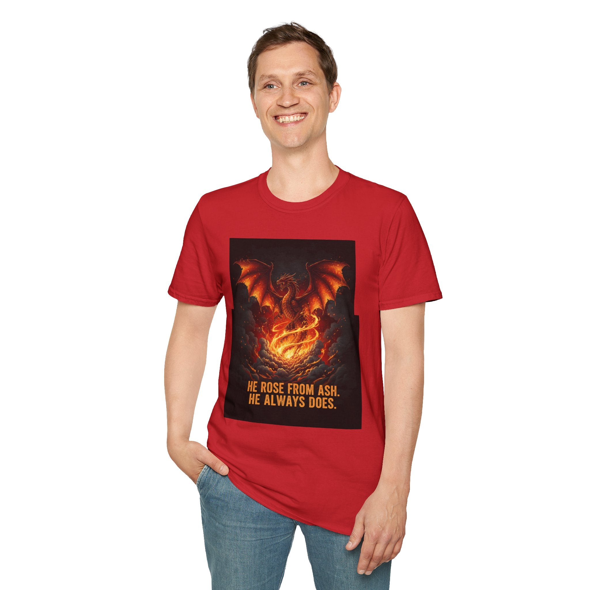 Men's Graphic Tee — Dragon Rising "He Rose From Ash. He Always Does." Fiery Fantasy Print