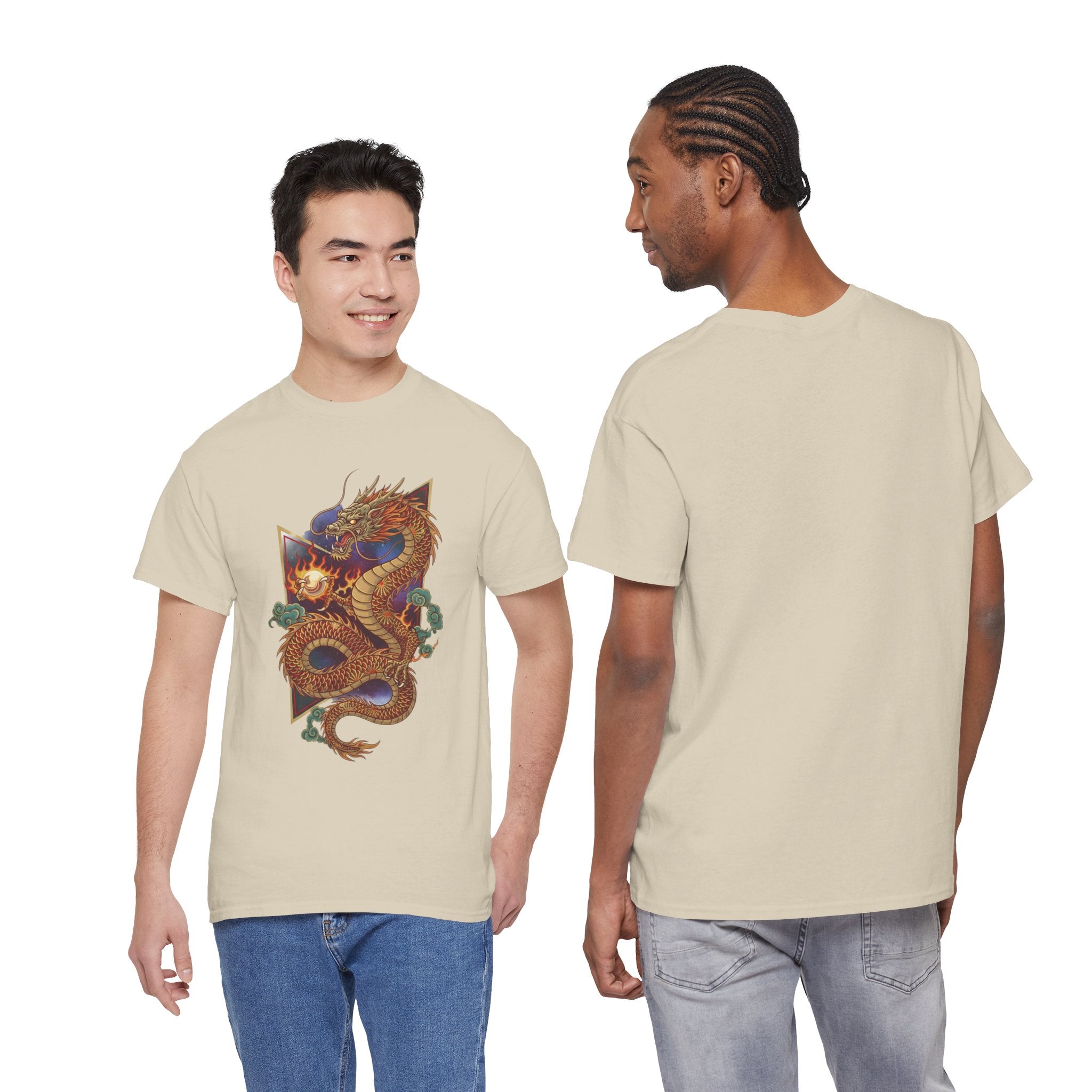 Dragon Graphic Men's T-Shirt — DTG Printed Vintage Gold Oriental Cotton Tee