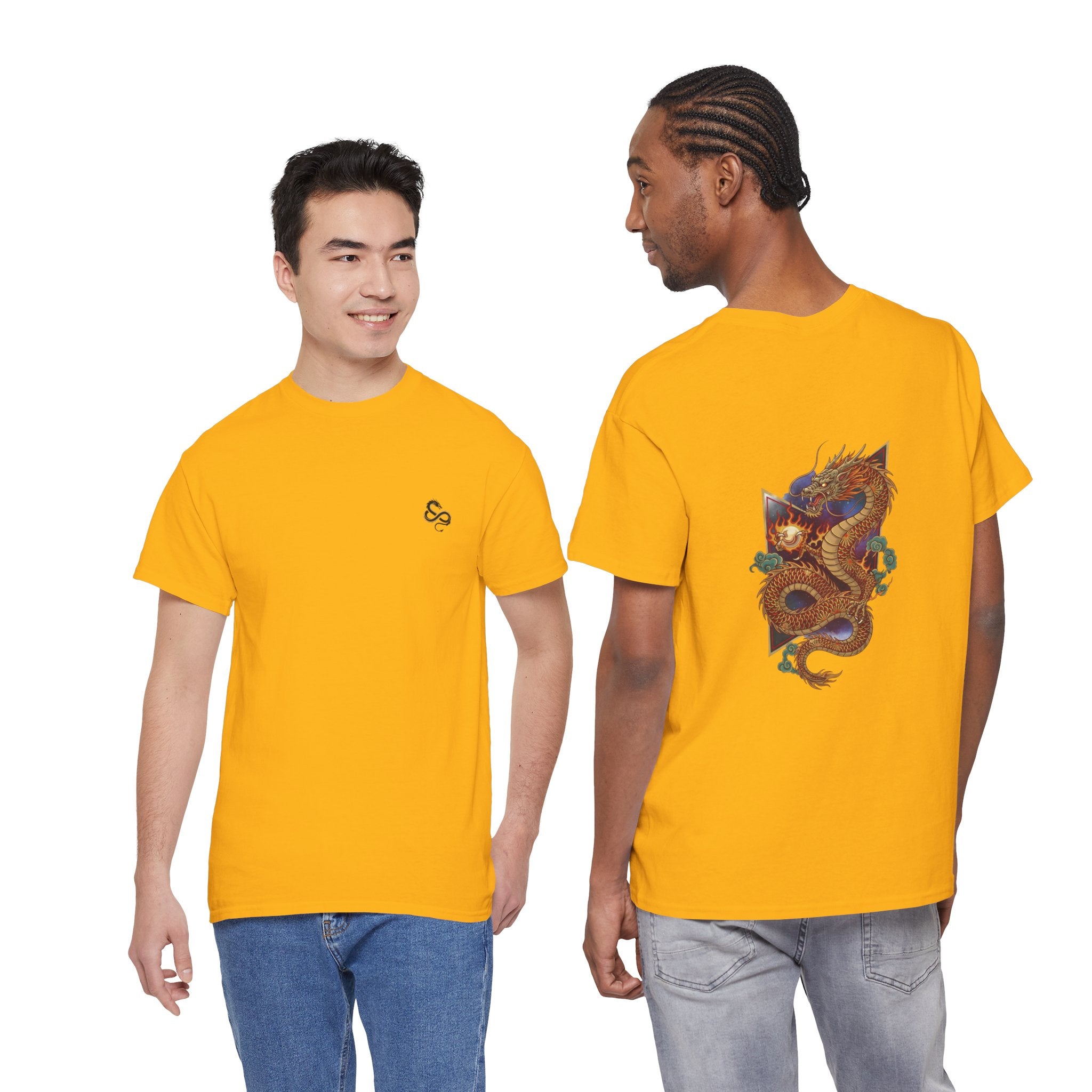 Golden Dragon Back Print Men's T-Shirt — DTG Printed Vintage Oriental Cotton Tee