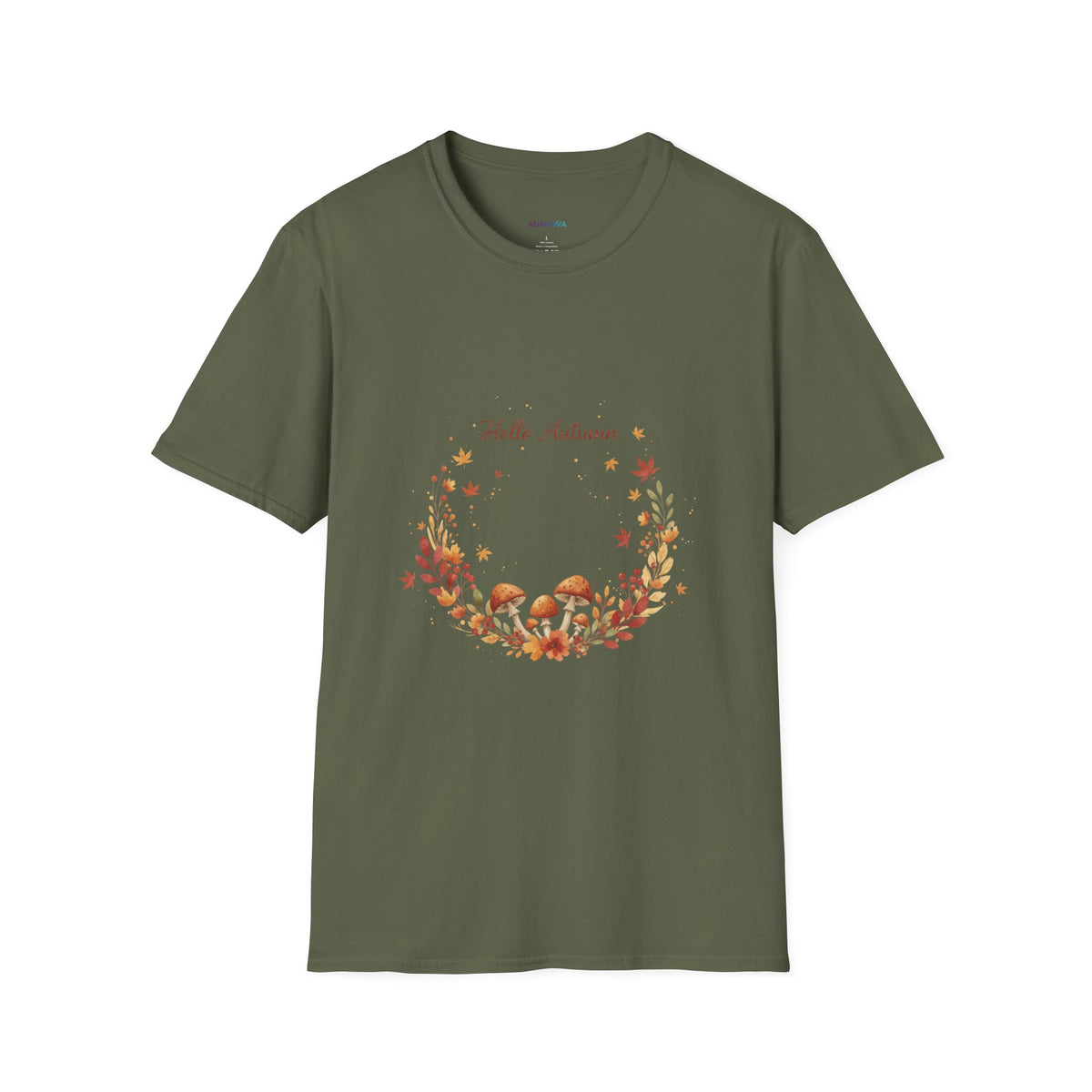 'Hello Autumn' Mushroom & Leaf Wreath T-Shirt — Cozy Fall Graphic Tee