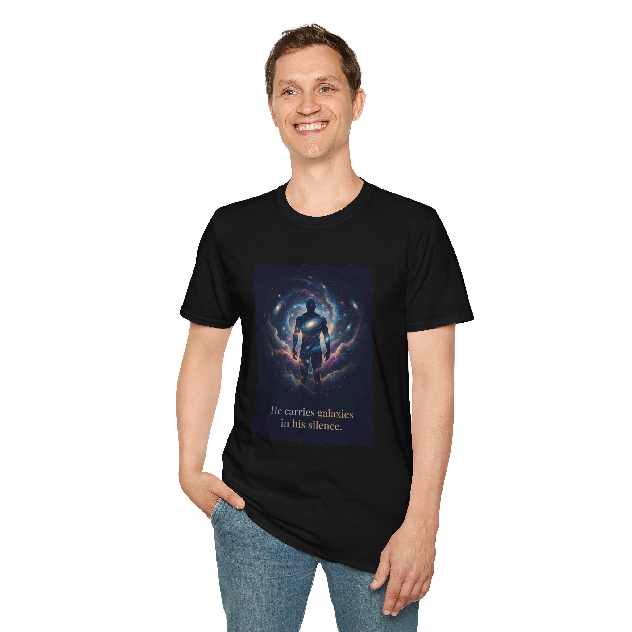 Men's Graphic Tee — Galaxy Silhouette "He Carries Galaxies in His Silence" Cosmic Space Print