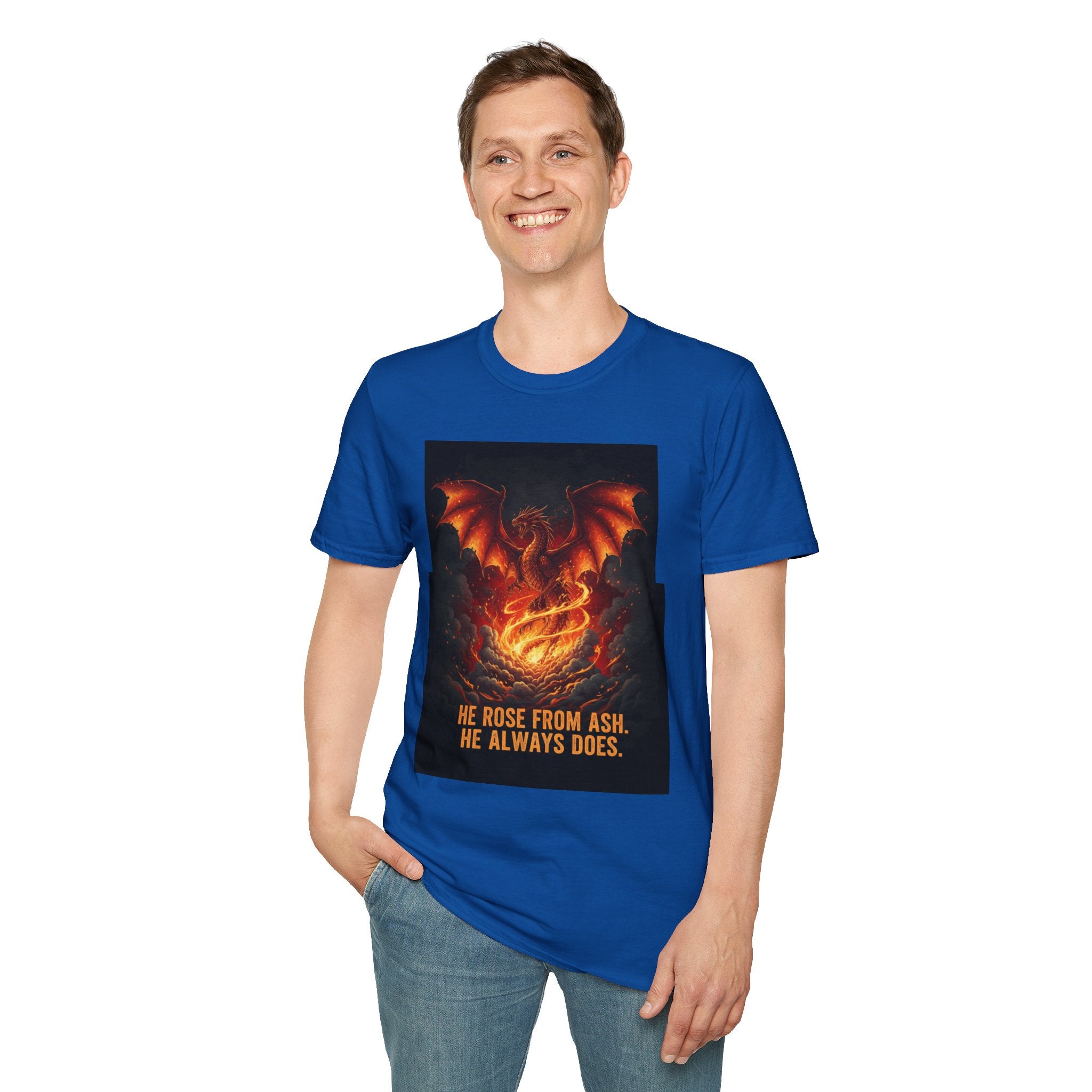 Men's Graphic Tee — Dragon Rising "He Rose From Ash. He Always Does." Fiery Fantasy Print