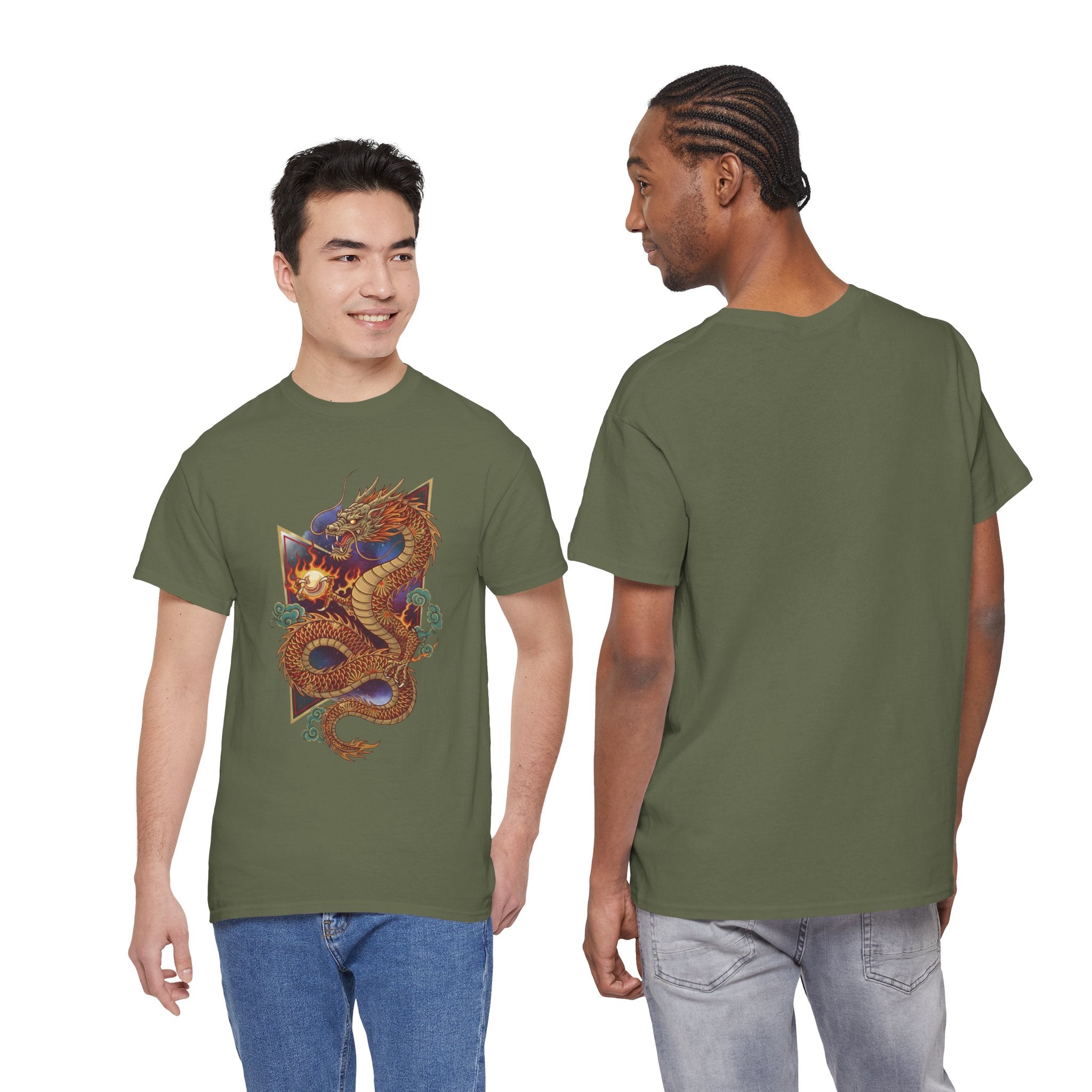 Dragon Graphic Men's T-Shirt — DTG Printed Vintage Gold Oriental Cotton Tee